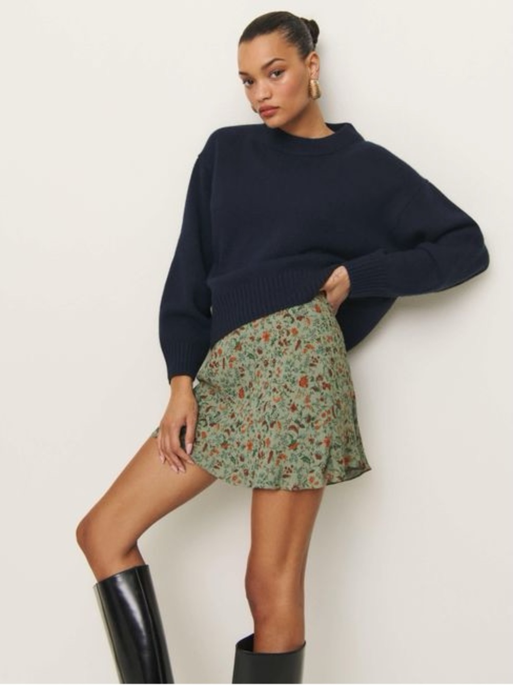 Reformation Brandy Green Floral A-Line Mini Skirt